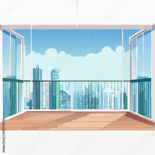 Spacious balcony view overlooking urban skyline with modern buildings and clear blue sky