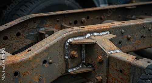 A rusty metal vehicle frame with a welded bracket secured with bolts