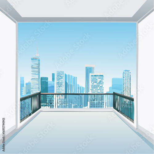 Spacious balcony view overlooking urban skyline with modern buildings and clear blue sky