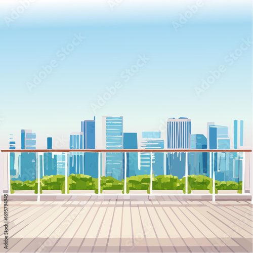 Spacious balcony view overlooking urban skyline with modern buildings and clear blue sky