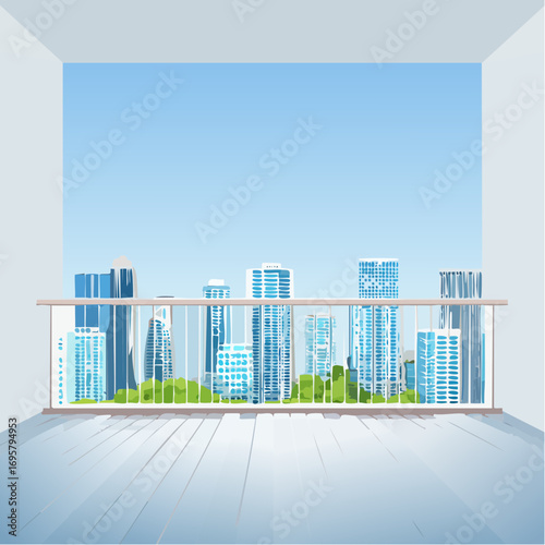 Spacious balcony view overlooking urban skyline with modern buildings and clear blue sky