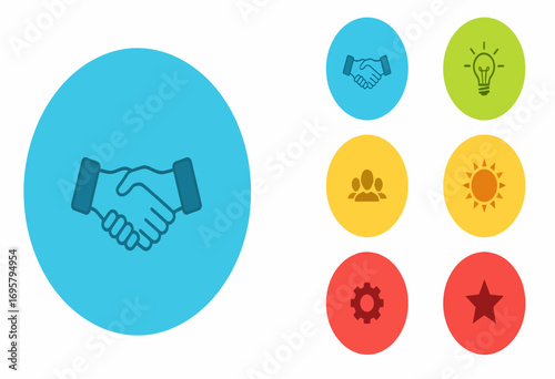 Vector collection of flat business icons including handshake, lightbulb, and teamwork symbols for presentations and web design