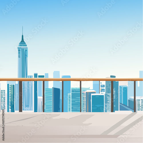 Spacious balcony view overlooking urban skyline with modern buildings and clear blue sky