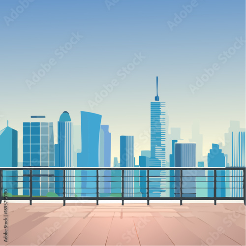 Spacious balcony view overlooking urban skyline with modern buildings and clear blue sky