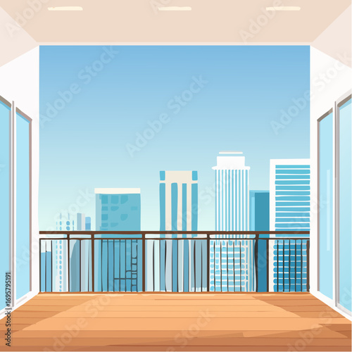 Spacious balcony view overlooking urban skyline with modern buildings and clear blue sky