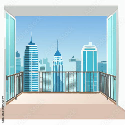 Spacious balcony view overlooking urban skyline with modern buildings and clear blue sky