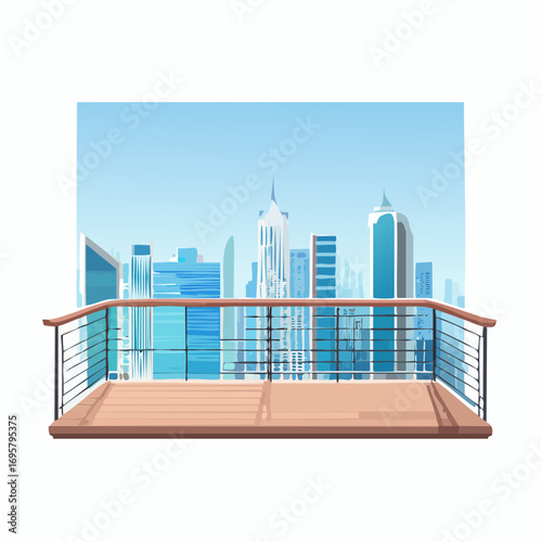Spacious balcony view overlooking urban skyline with modern buildings and clear blue sky
