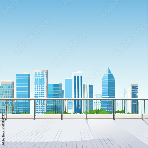 Spacious balcony view overlooking urban skyline with modern buildings and clear blue sky