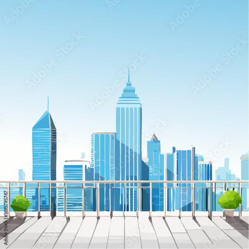 Spacious balcony view overlooking urban skyline with modern buildings and clear blue sky