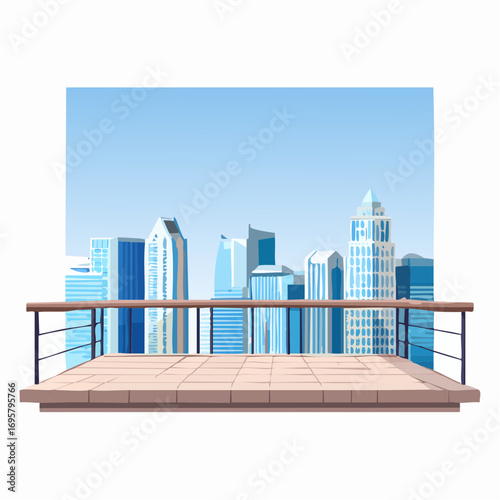 Spacious balcony view overlooking urban skyline with modern buildings and clear blue sky