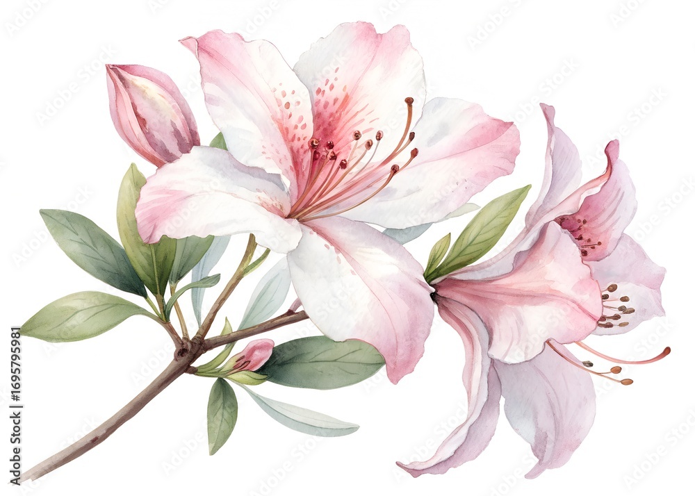 Fototapeta premium Watercolor painting of azalea flower isolated on white background, botanical art