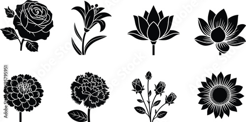Black Silhouette Flower Vector Set Featuring Rose, Lily, Lotus, Carnation, Marigold, Sunflower, Bouquet, Botanical Elements for Design Use