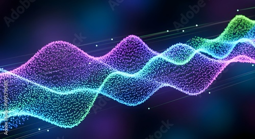Abstract digital wave with glowing particles, visualizing data flow or sound spectrum analysis. Dynamic illustration of information, technology, and interconnected networks