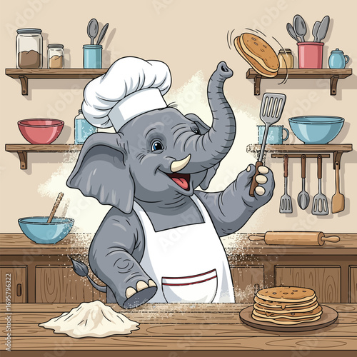 A happy cartoon elephant chef in a white apron and hat flipping a pancake in the kitchen.