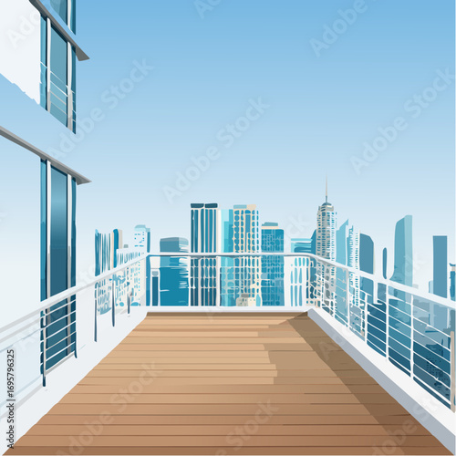Spacious balcony view overlooking urban skyline with modern buildings and clear blue sky