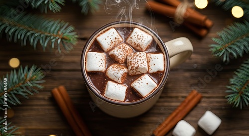 Steaming hot chocolate with marshmallows cinnamon sticks and pine branches arranged on a wooden surface