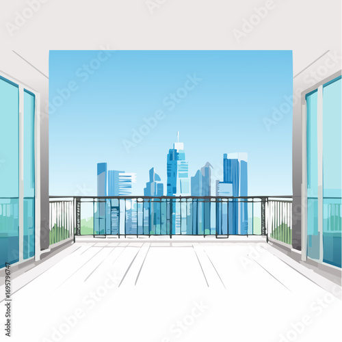 Spacious balcony view overlooking urban skyline with modern buildings and clear blue sky