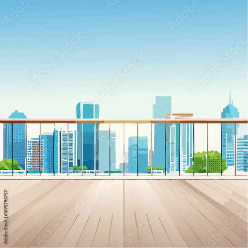 Spacious balcony view overlooking urban skyline with modern buildings and clear blue sky