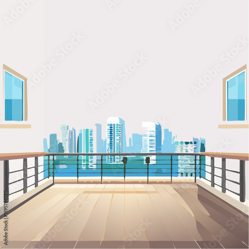 Spacious balcony view overlooking urban skyline with modern buildings and clear blue sky