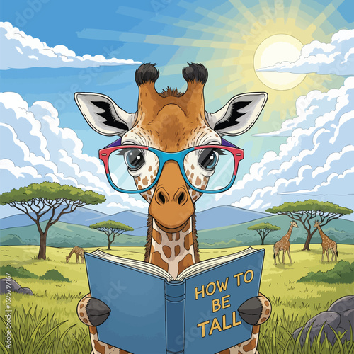 A humorous cartoon giraffe wearing colorful glasses reads a book titled How to Be Tall in the savanna.