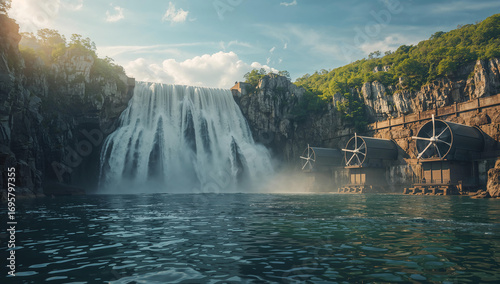 Majestic Waterfall with Ancient Water Wheels