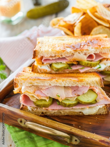 A delightful Cuban sandwich on a wooden tray, featuring layers of savory ham, melted cheese, and crispy pickles. Plantain chips provide a satisfying crunch alongside this classic dish