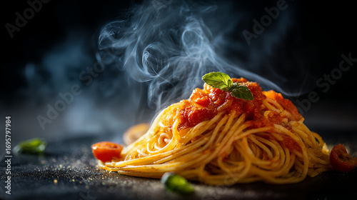 Delicious Spaghetti with Tomato Sauce, Basil and Steam