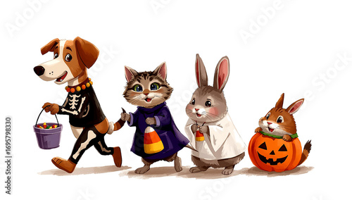 A fun-loving group of costumed critters celebrating Halloween with a cauldron full of sweet treats.