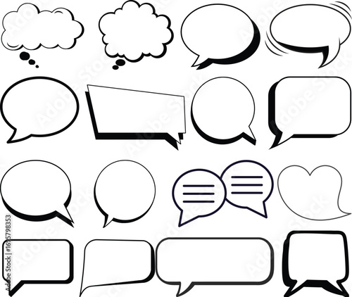 Cartoon empty retro comic style speech bubbles set with black halftone shadows. Hand drawn pop art, vintage speech clouds, thinking bubbles, and conversation text elements. Vector illustration