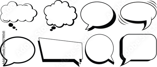 Cartoon empty retro comic style speech bubbles set with black halftone shadows. Hand drawn pop art, vintage speech clouds, thinking bubbles, and conversation text elements. Vector illustration