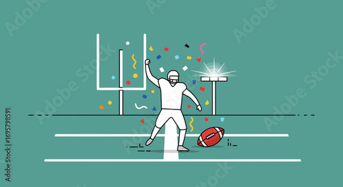 Triumphant football player celebrates touchdown amidst colorful confetti and bright stadium lights, capturing the thrill of victory and championship glory