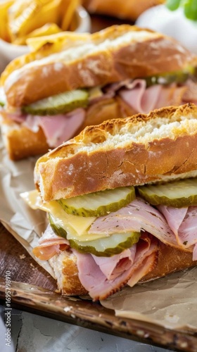 Cuban sandwiches rest on a wooden tray, tempting with layers of ham, melted cheese, and tangy pickles. Crispy plantain chips sit nearby, promising a flavorful meal