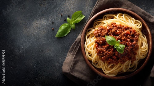 Spaghetti Bolognese with Basil in Bowl on Dark Background, Copy Space