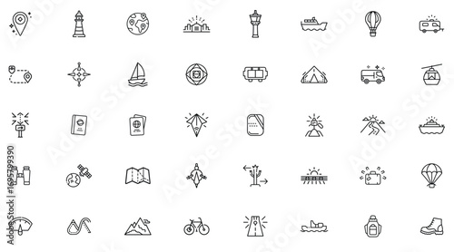 Travel and tourism icons vector set adventure vacation trip journey destination line art style graphic design
