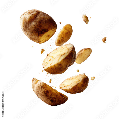 Sliced potato halves and pieces, in mid-air, with potato flour/crumbs exploding around them