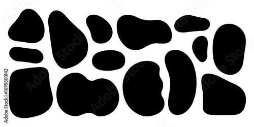Black organic oval and round shapes set. Blob and spot deform silhouettes. Unique black and white cowhide pattern with irregular shapes and designs. Set of black organic, irregular, and amorphous.