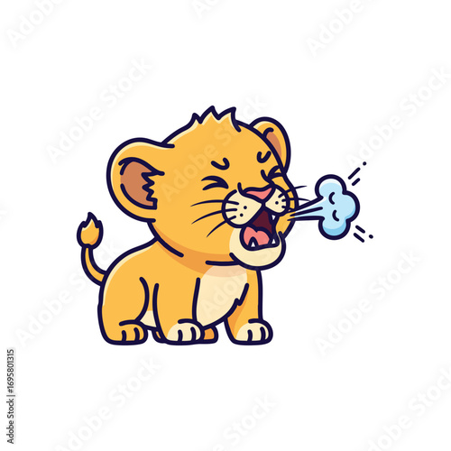 An adorable cartoon lion cub character letting out a mighty roar with a puff of air.