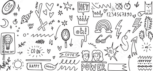 Motivation doodle set, power sketch icons, inspiration doodles, success clipart pack, idea light bulb sketch, doodle motivation art, business growth doodles, cartoon power elements, hand drawn success