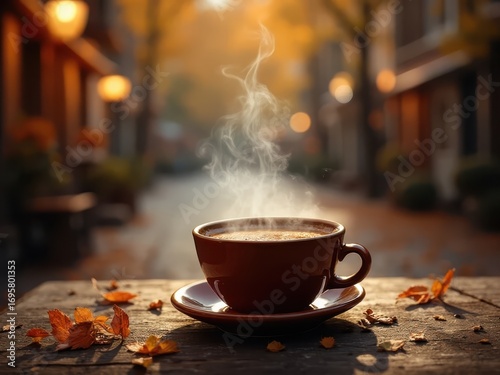 Cup of aromatic hot coffee on wooden table in outdoor cafe. Autumn hot drink. Blurred background of autumn street