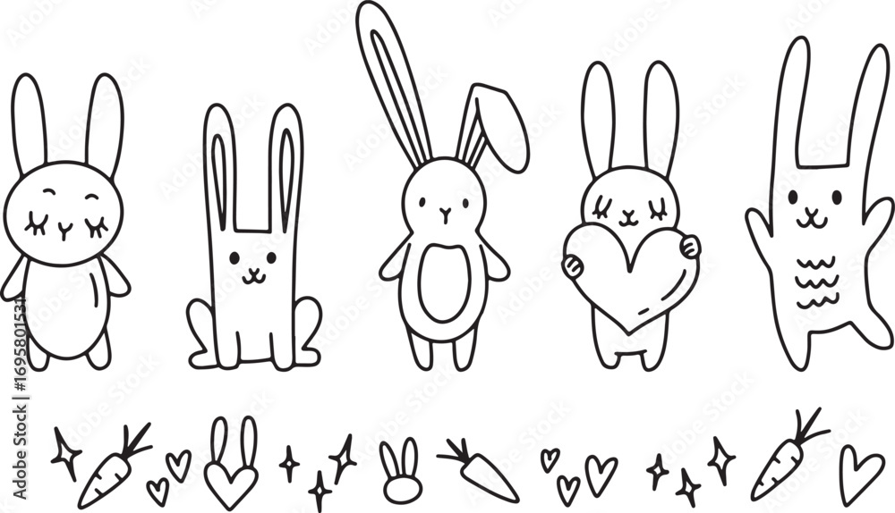 Fototapeta premium Rabbit doodle set, bunny doodles, cute rabbit clipart, cartoon bunnies sketch, Easter bunny doodles, hand drawn rabbit icons, animal doodle art, rabbit cartoon vector, bunny design doodles, doodle rab