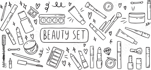 Beauty doodle set, makeup doodles, cosmetic icons, lipstick sketch vector, fashion doodles, beauty clipart pack, eyeliner doodle art, nail polish doodles, handdrawn beauty tools, skincare doodles, mak