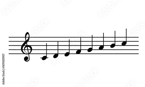 Major scale musical notation on a staff with treble clef markings. Ascending scale. Vector Illustration. Isolated on a white background. 