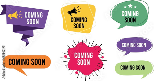 Exciting announcement banners and speech bubbles with "Coming Soon" text, signifying anticipation and new beginnings.