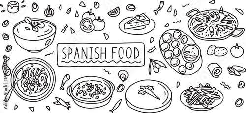 Spanish food doodles, Spain cuisine icons, tapas sketch set, traditional Spanish dishes, paella outline, hand drawn Spanish meals, Spanish restaurant doodles, food elements clipart, Mediterranean cuis
