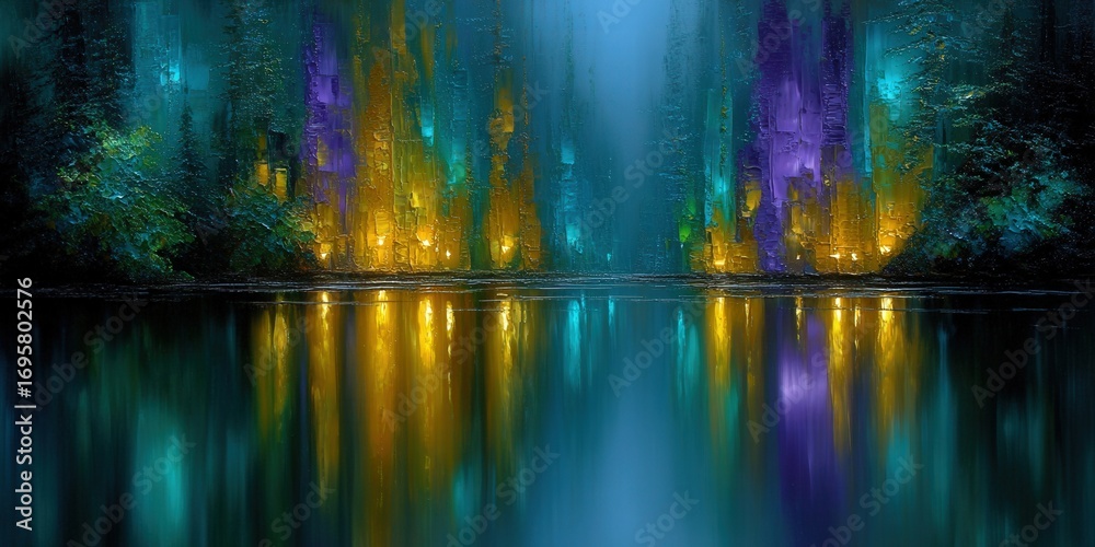 Naklejka premium A stunning abstract painting depicts a reflective lake with colorful lights and a magical forest.