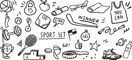 Sports doodle icons, hand drawn sports clipart, fitness doodles, sport elements set, gym workout sketch, sport ball outline, athletics doodle art, game symbols, running clipart, sports vector pack, gy