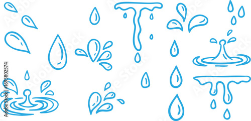 Water drops doodle, water splash clipart, cartoon water elements, droplet icon set, aqua splash sketch, raindrop outline, liquid drop illustration, water splash symbols, blue drops graphic, hydration 