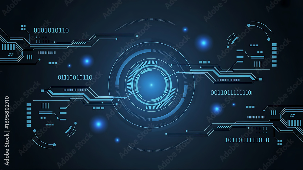 Obraz premium Futuristic digital interface with glowing blue lights and circuitry patterns on a dark background