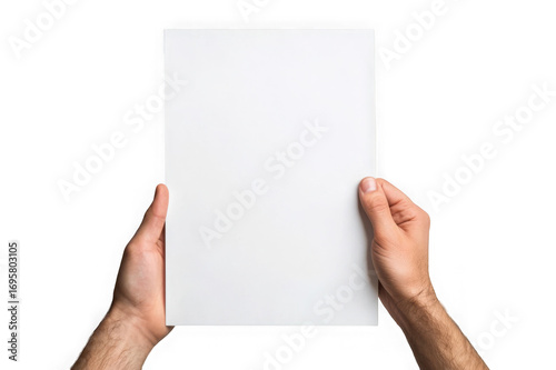 Two hands holding a blank white A4 paper sheet isolated on a transparent background image 1