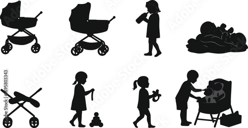 Childcare silhouettes, baby stroller, children playing, feeding, toys, early childhood, parenting icons, black vector illustration, infant care design